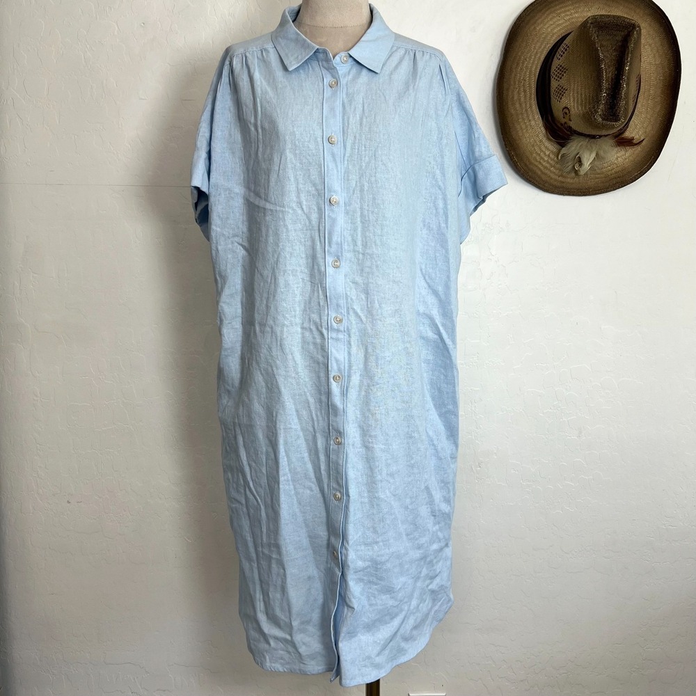 Well Worn Sz L Light Blue Linen Blend Button Front Shirt Dress with Pockets